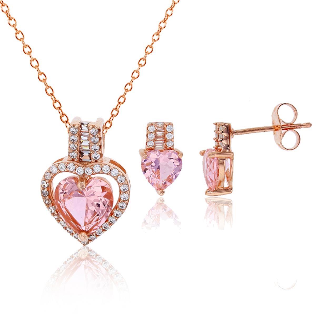 Sterling Silver Rose 1-Micron 6mm Morganite Heart Cut & White Baguette CZ 18" Necklace & Earring Set