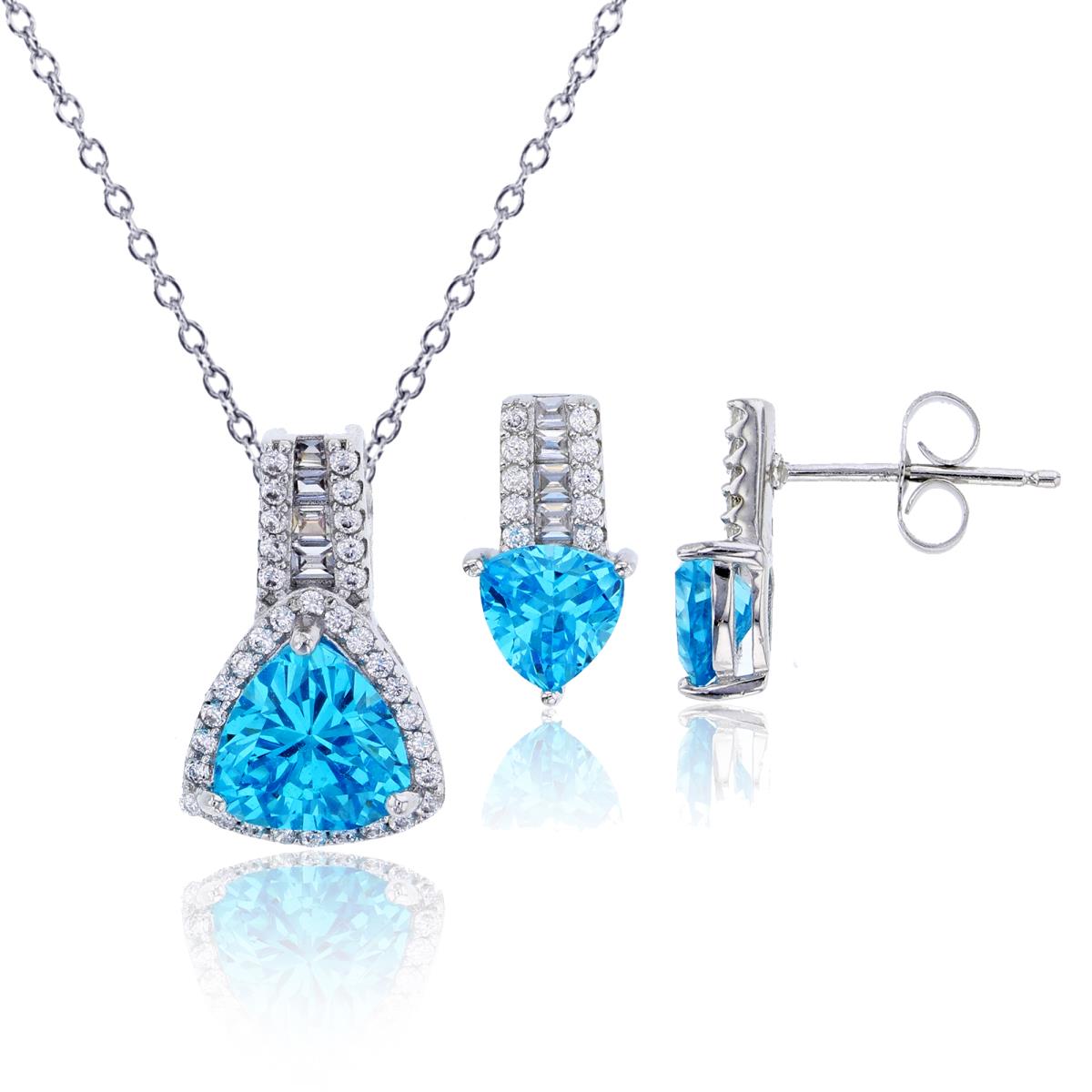 Sterling Silver Rhodium 8mm Blue Trillion Cut CZ & White Baguette 18" Necklace & Earring Set
