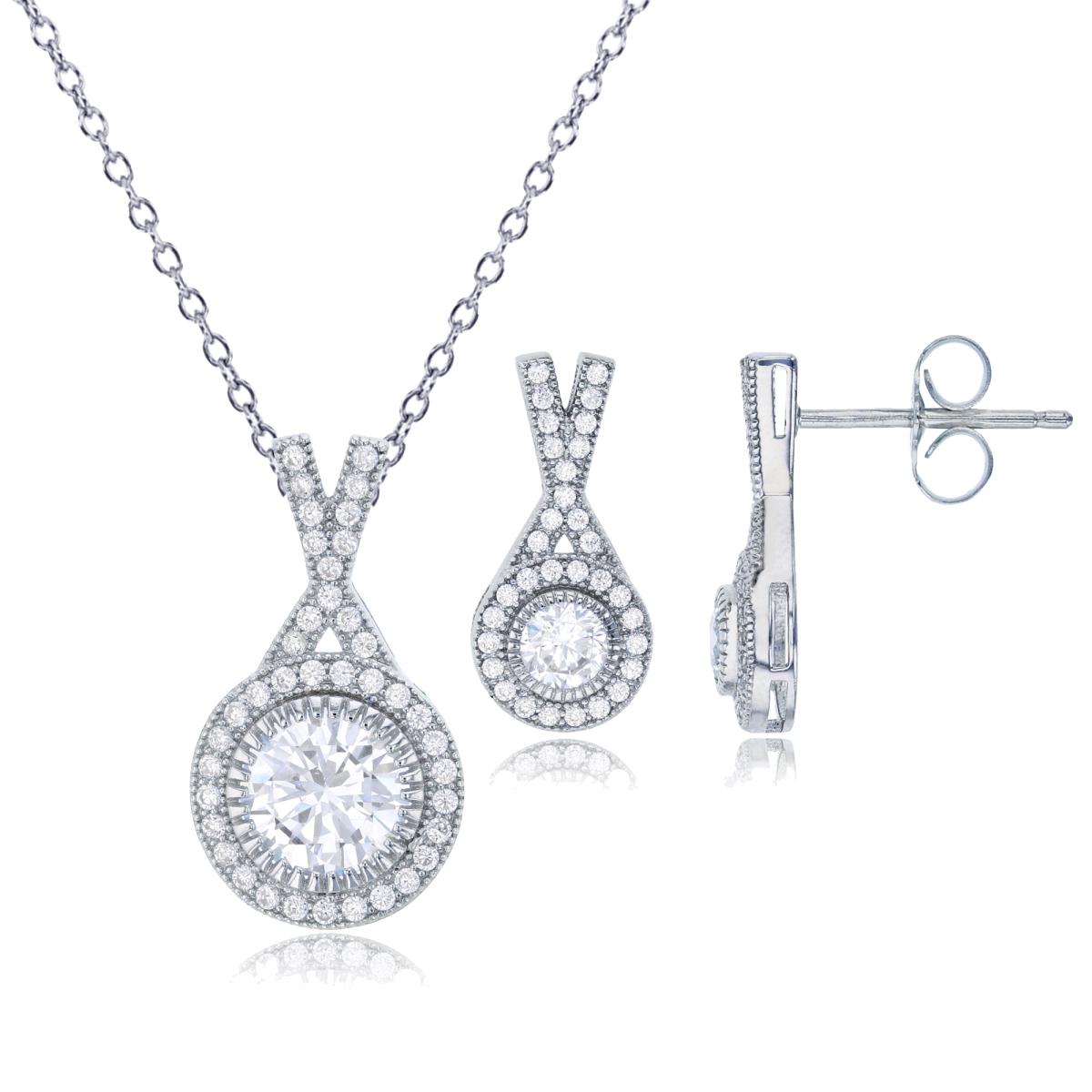 Sterling Silver Rhodium 8.5mm Round Cut CZ & Micropave Halo Crossed 18" Necklace & Earring Set