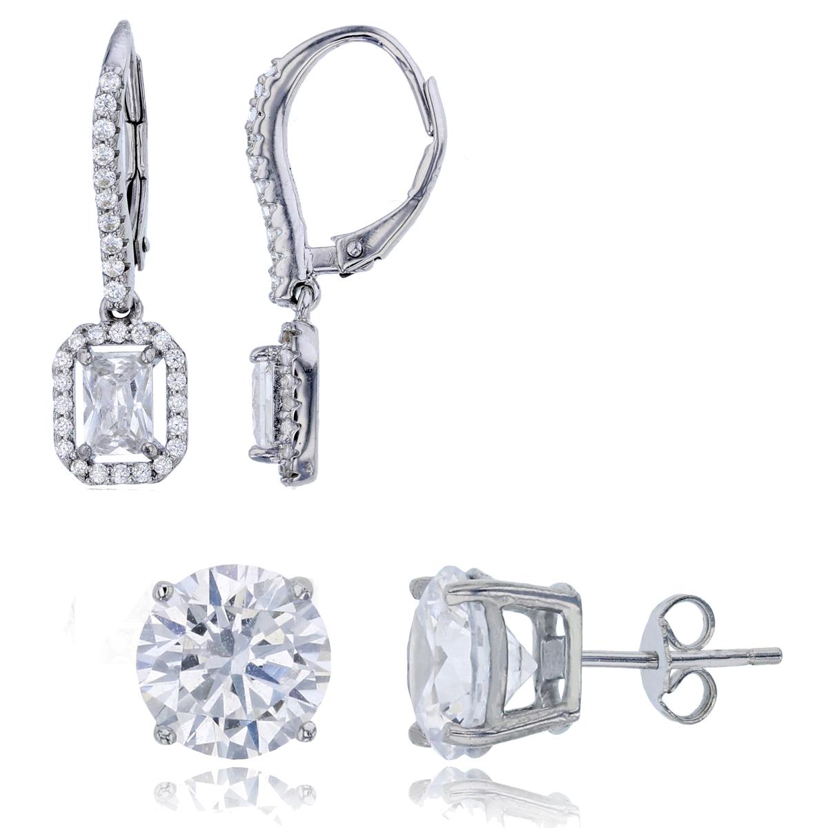 Sterling Silver Rhodium 6x4mm Emerald Cut CZ Halo Lever-Back Dngl & 8mm Rd Solitaire Stud Earring Set