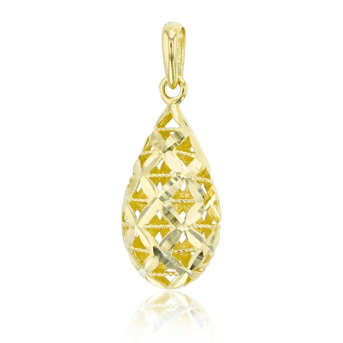 14K Yellow Gold Diamond Cut Hollow Filigree Teardrop Dangling Pendant