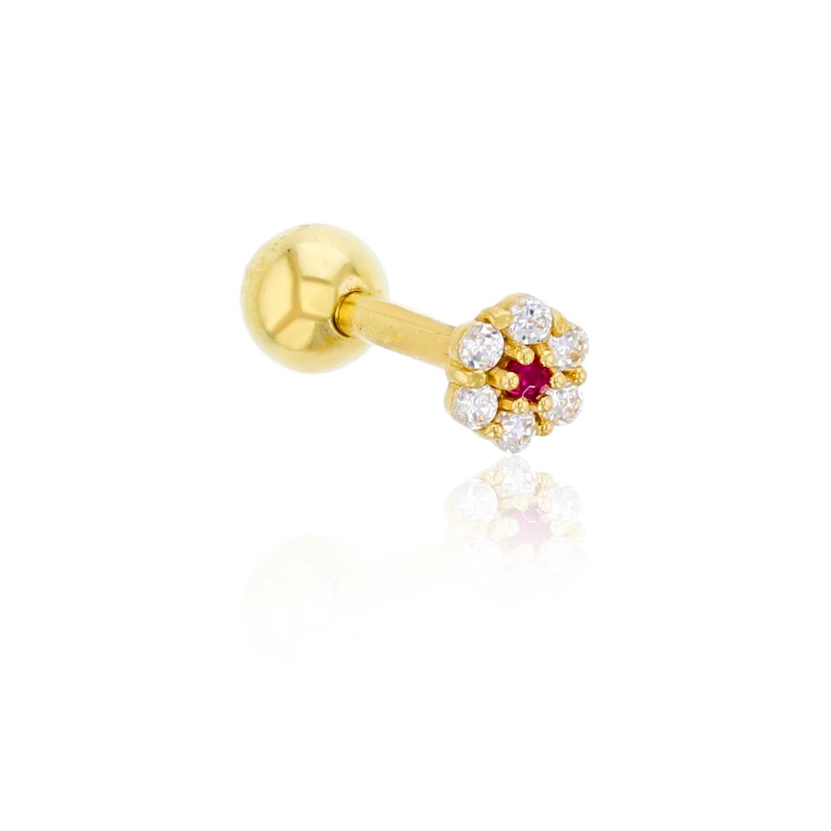 14K Yellow Gold White & Ruby CZ Flower Ear/Nose Stud with Ball Screw-Back