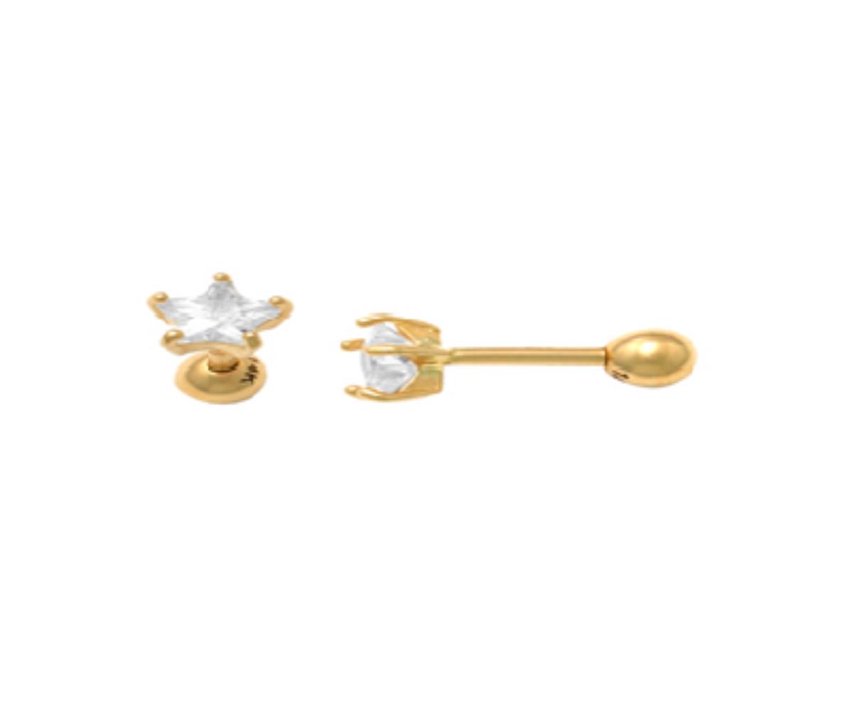 14K Yellow Gold 4mm Star Cut Solitaire Ear/Nose Stud with Ball Screw-Back