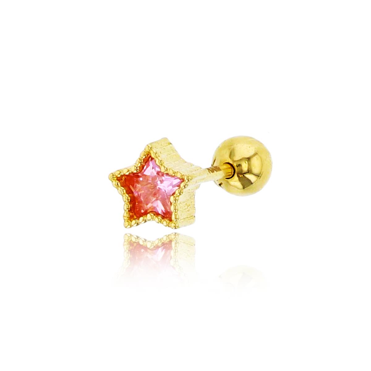 14K Yellow Gold 3mm Pink Star Cut Milgrain Ear/Nose Stud with Ball Screw-Back