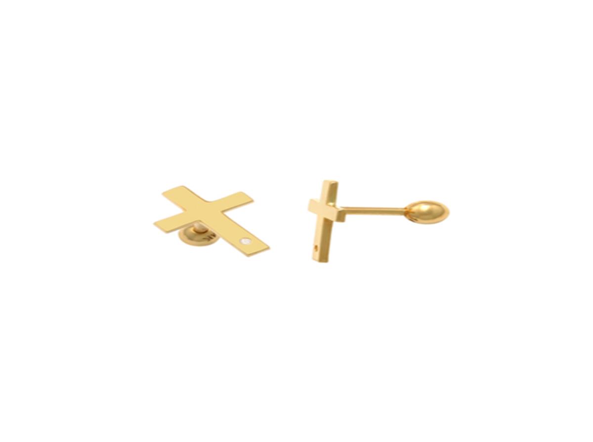 10K Yellow Gold Polished Cross with 1.1mm Rd Cut CZ Ear/ Nose Stud with Ball Screw-Back