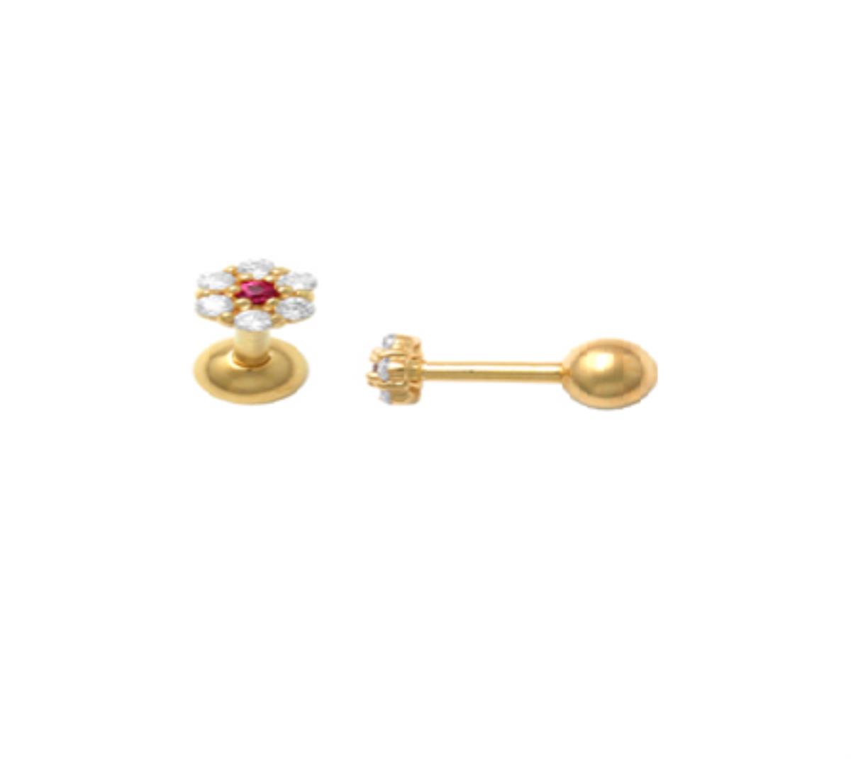 10K Yellow Gold White & Ruby CZ Flower Ear/Nose Stud with Ball Screw-Back