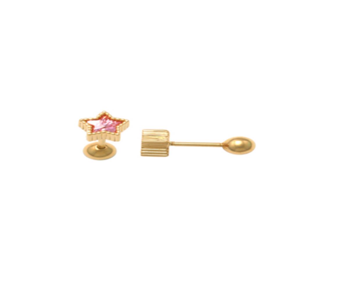 10K Yellow Gold 3mm Pink Star Cut Milgrain Ear/Nose Stud with Ball Screw-Back