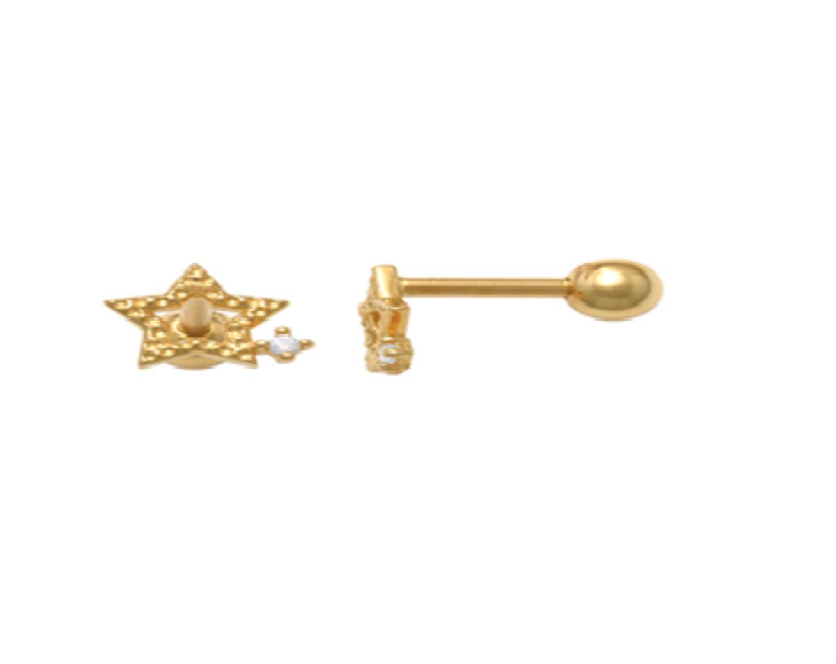 10K Yellow Gold Textured Open Star 1mm Rd CZ Ear/Nose Stud with Ball Screw-Back