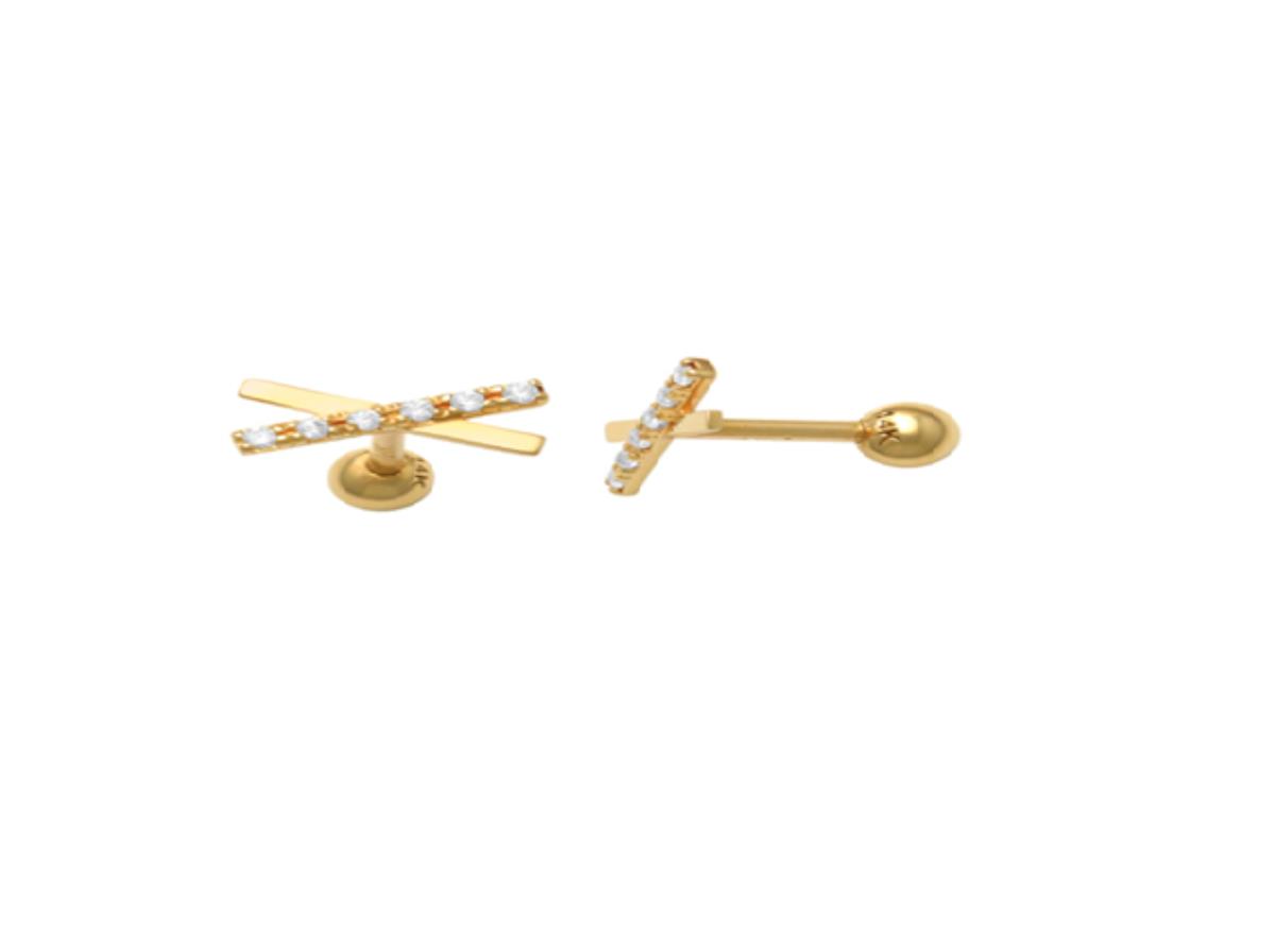 10K Yellow Gold 9x3mm Polished & Pave "X" Ear/Nose Stud with Ball Screw-Back