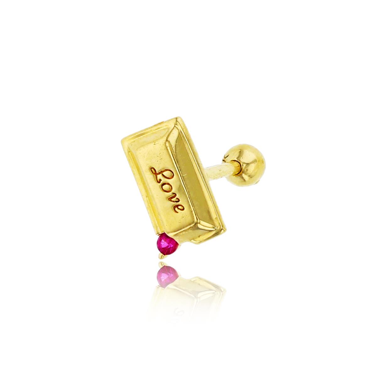 14K Yellow Gold 1.5mm Ruby Round Cut CZ "Love" Engraved Ear/Nose Stud with Ball Screw-Back