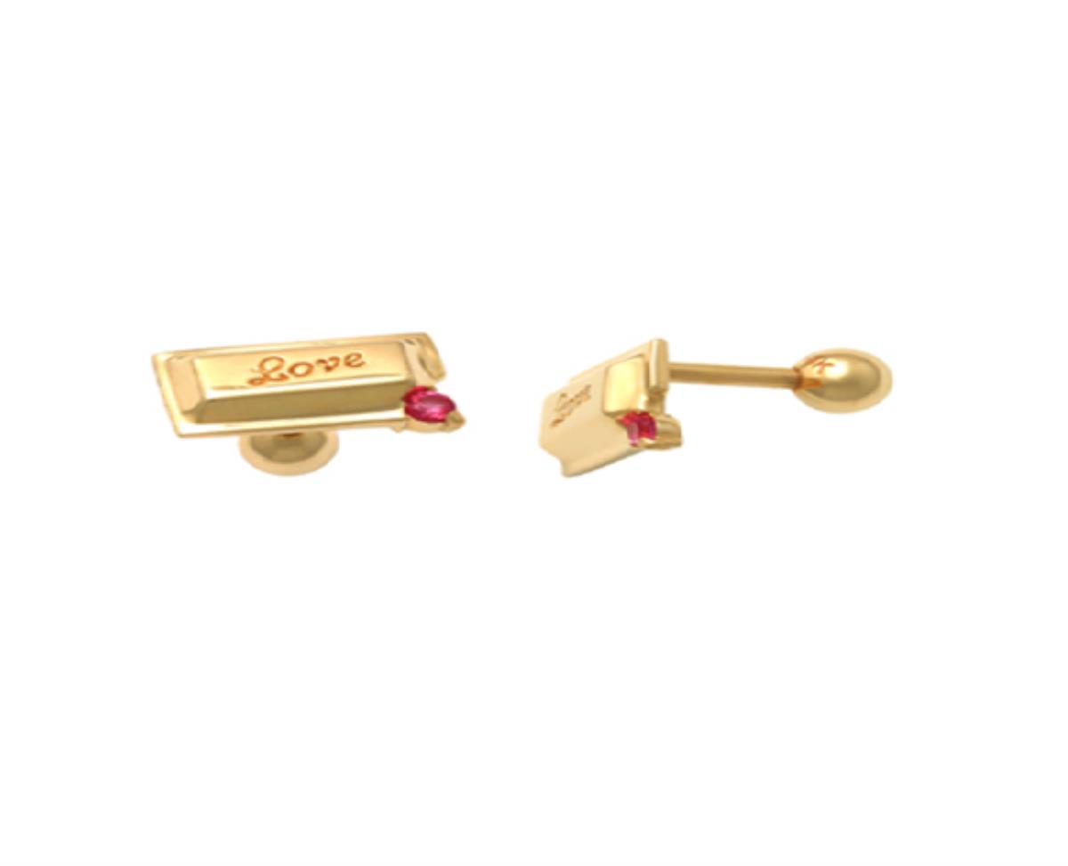 10K Yellow Gold 1.5mm Ruby Round Cut CZ "Love" Engraved Ear/Nose Stud with Ball Screw-Back