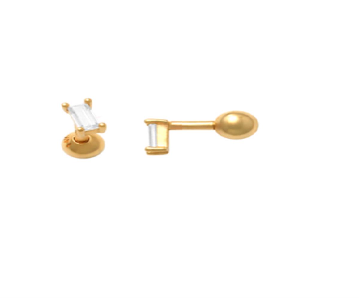 10K Yellow Gold 3x1.5mm Baguette CZ Nose Stud with Ball Screw-Back
