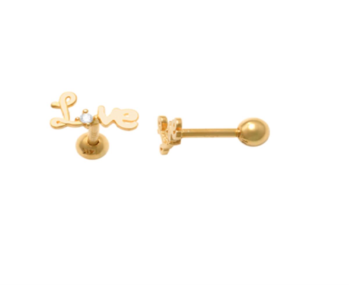 14K Yellow Gold 1.2mm Round Cut Polished "Love" Nose Stud with Ball Screw-Back