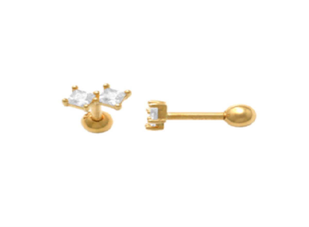 14K Yellow Gold Double 2mm Princess Cut Nose Stud with Ball Screw-Back
