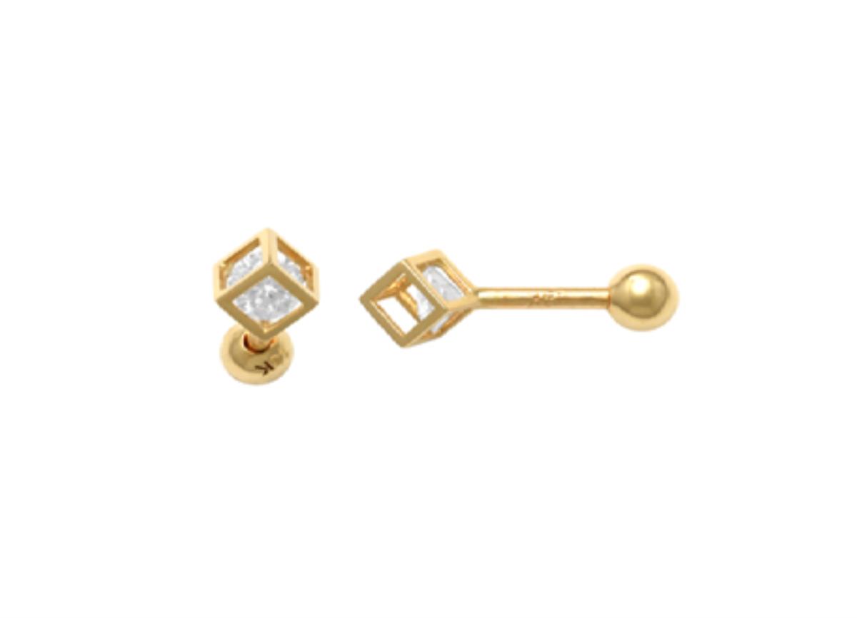 10K Yellow Gold 3mm Round Cut CZ Cube Nose Stud with Ball Screw-Back