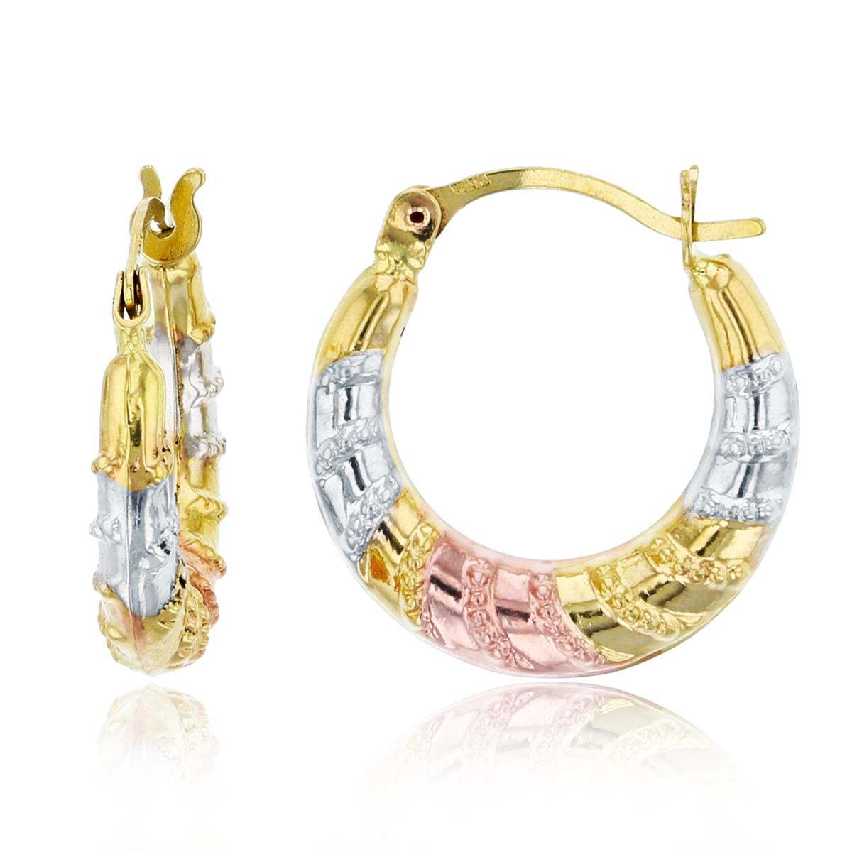 14K Tri-Color Gold 15x3mm Polished & Twisted Milgrain Hoop Earring