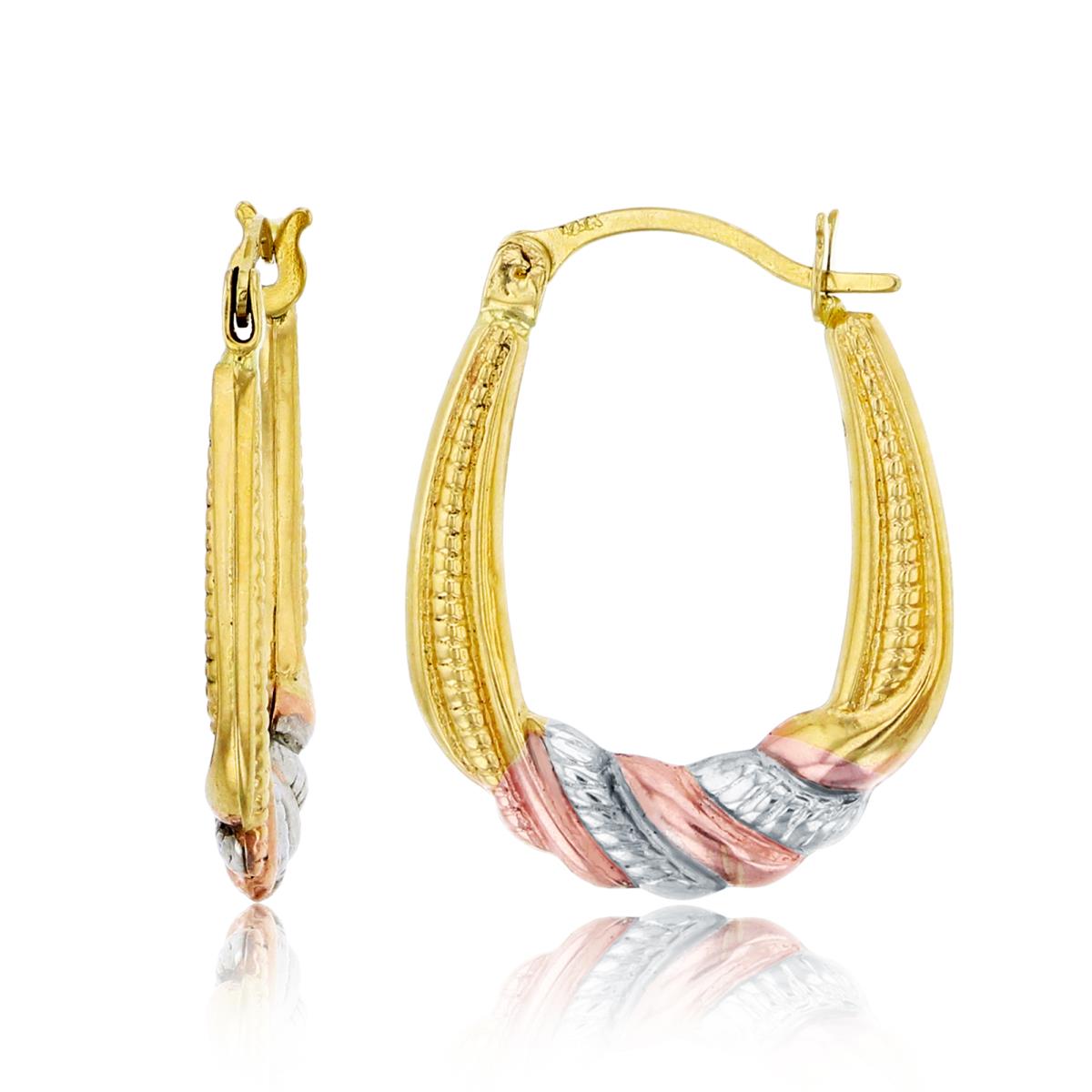 14K Tri-Color Gold 19x2mm Polished & Twisted Milgrain U-Shaped Hoop Earring