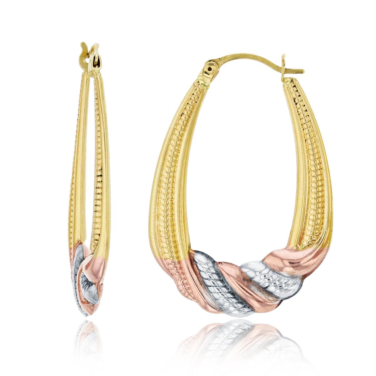 14K Tri-Color Gold 29x2mm Polished & Milgrain Twisted U-Shaped Hoop Earring