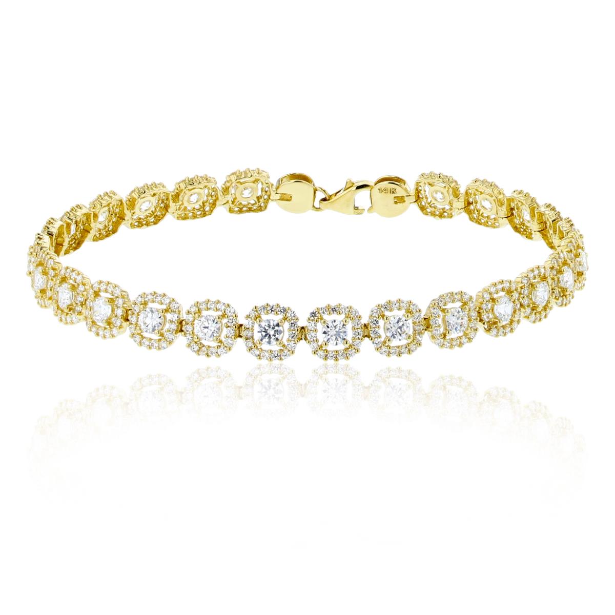 14K Yellow Gold 3.00mm Round Cut Swarovski Cushion Halo 7.5" Tennis Bracelet