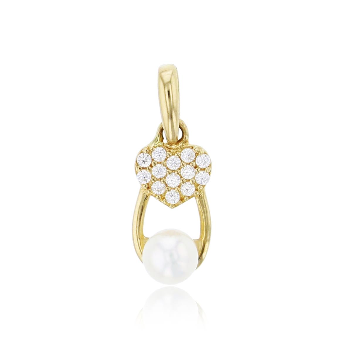 14K Yellow Gold 4mm Freshwater Pearl & Micropave CZ Heart Pendant
