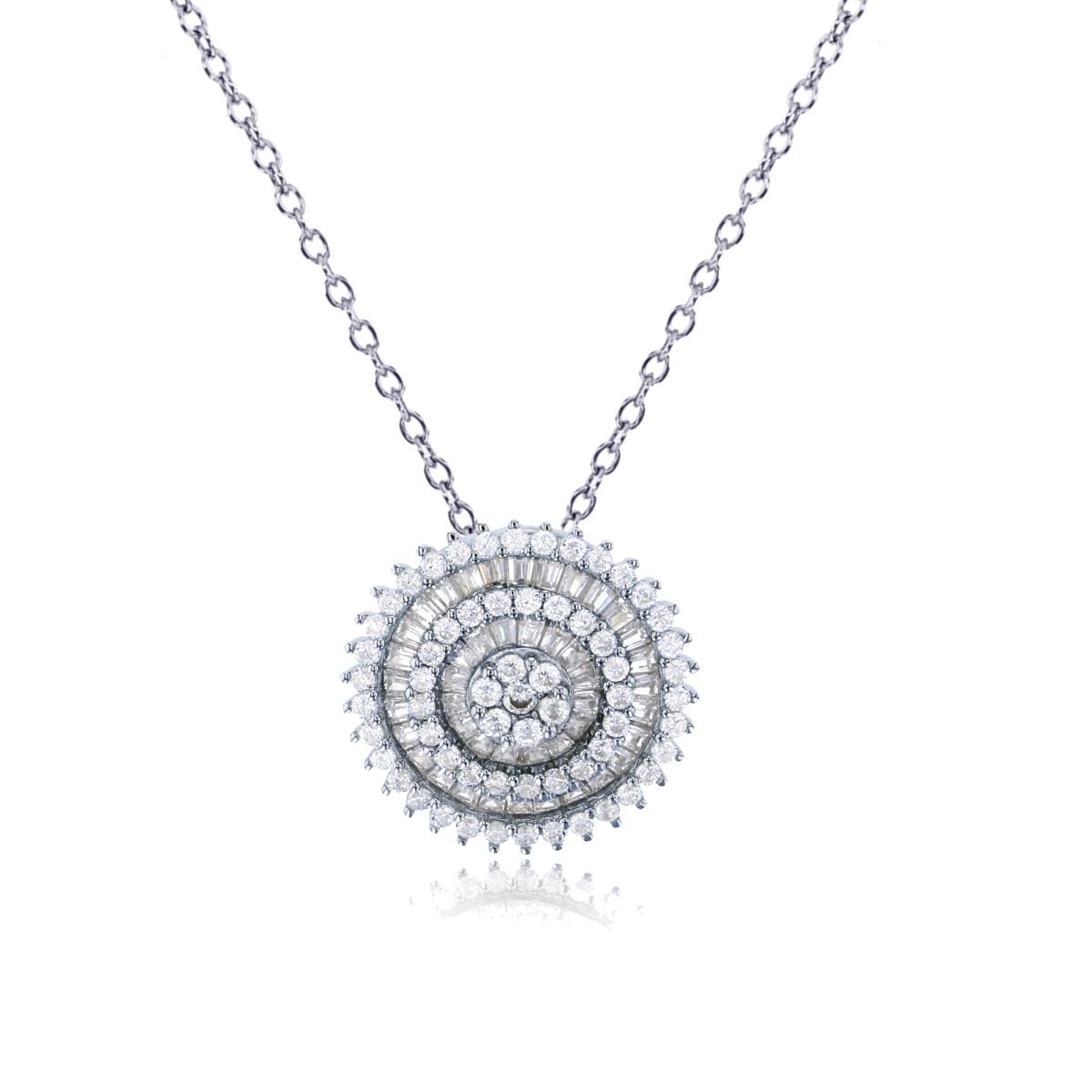 Sterling Silver Rhodium Micropave Rd Cut & Baguette CZ Double Circle Sunflower 18" Necklace