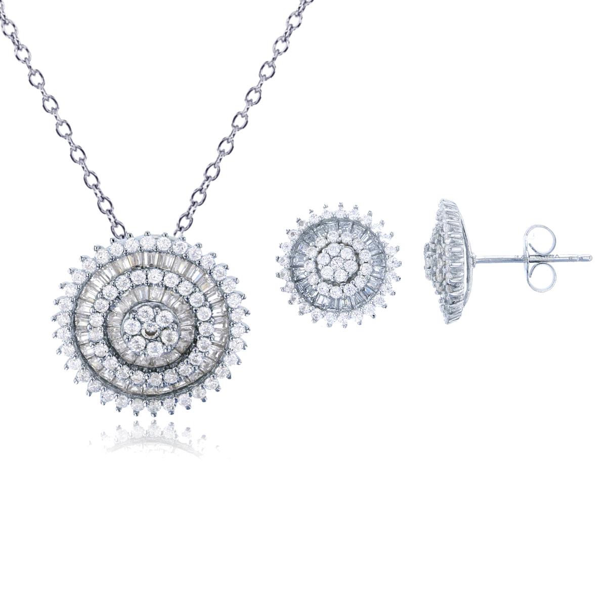 Sterling Silver Rhodium Micropave Rd Cut & Baguette CZ Double Circle Sunflower 18" Necklace & Earring Set