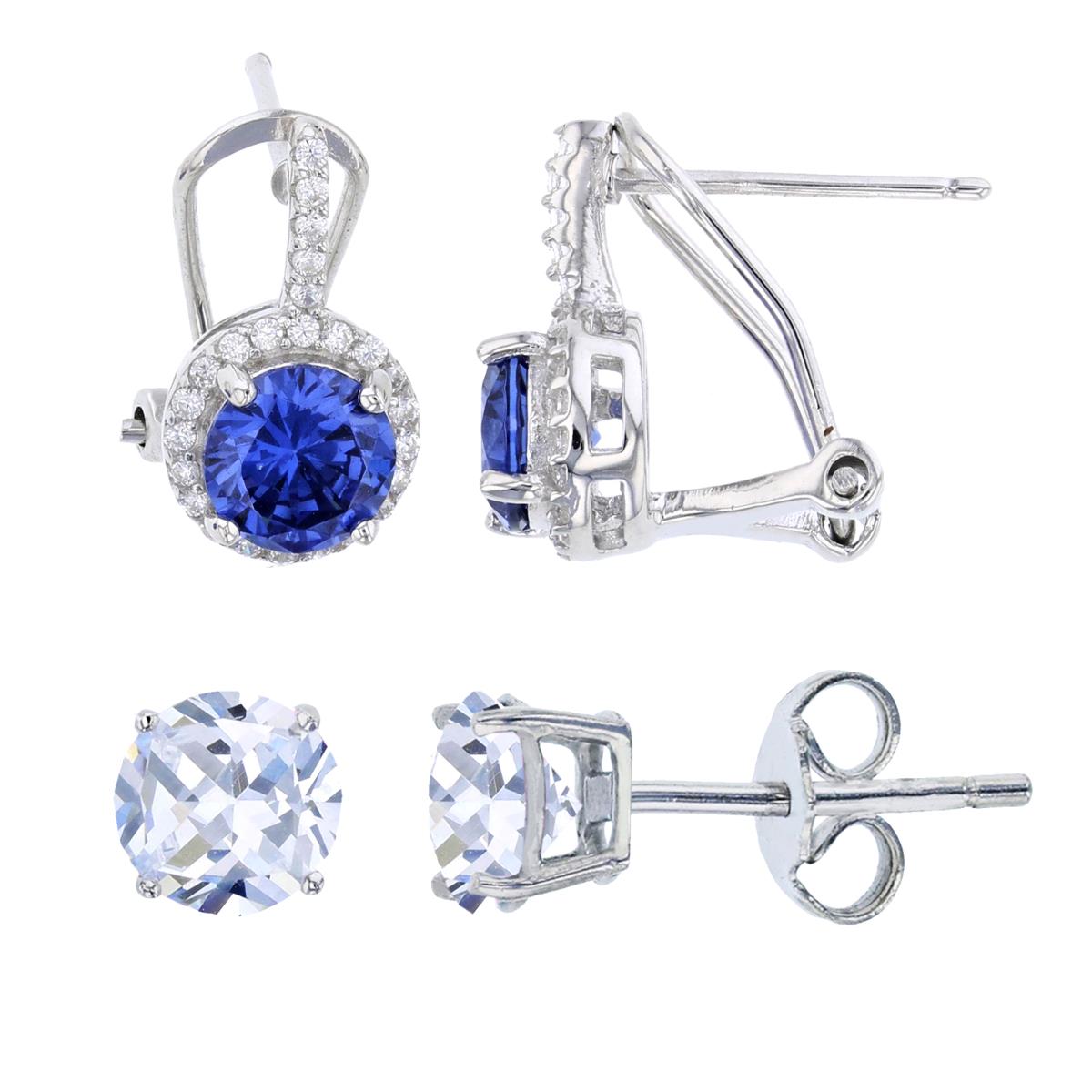 Sterling Silver Rhodium 8mm Tanzanite Rd Cut CZ White Halo Huggie & 8mm Round Solitaire Stud Earring Set
