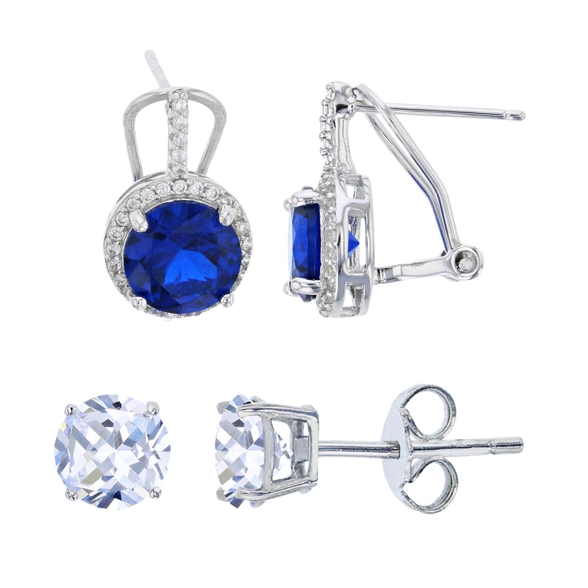 Sterling Silver Rhodium 8mm Sapphire Rd Cut CZ White Halo Huggie & 8mm Round Solitaire Stud Earring Set