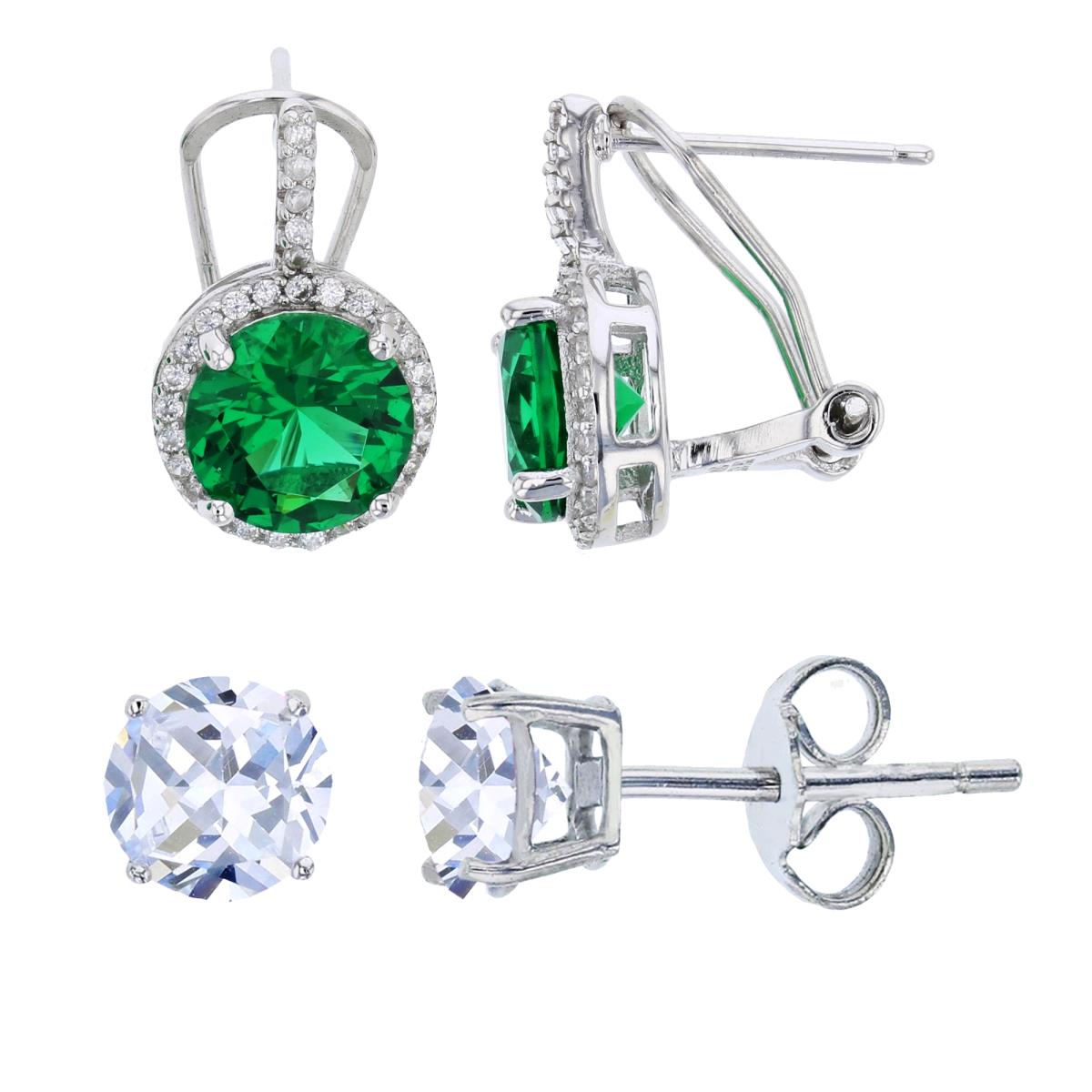 Sterling Silver Rhodium 8mm Emerald Rd Cut CZ White Halo Huggie & 8mm Round Solitaire Stud Earring Set