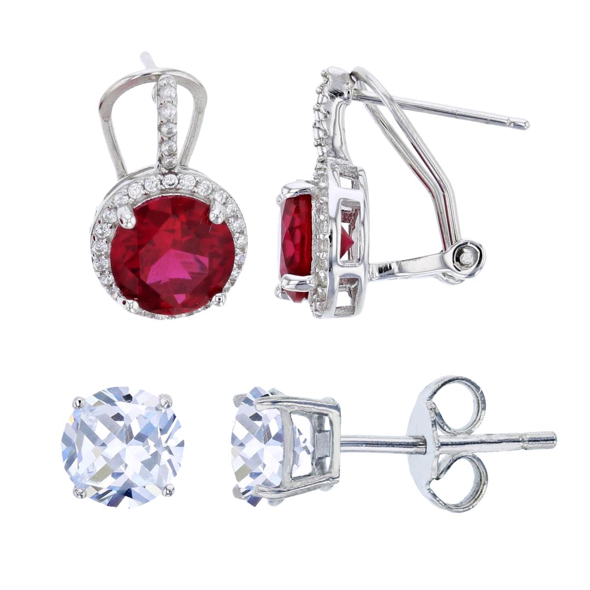 Sterling Silver Rhodium 8mm Ruby Rd Cut CZ White Halo Huggie & 8mm Round Solitaire Stud Earring Set