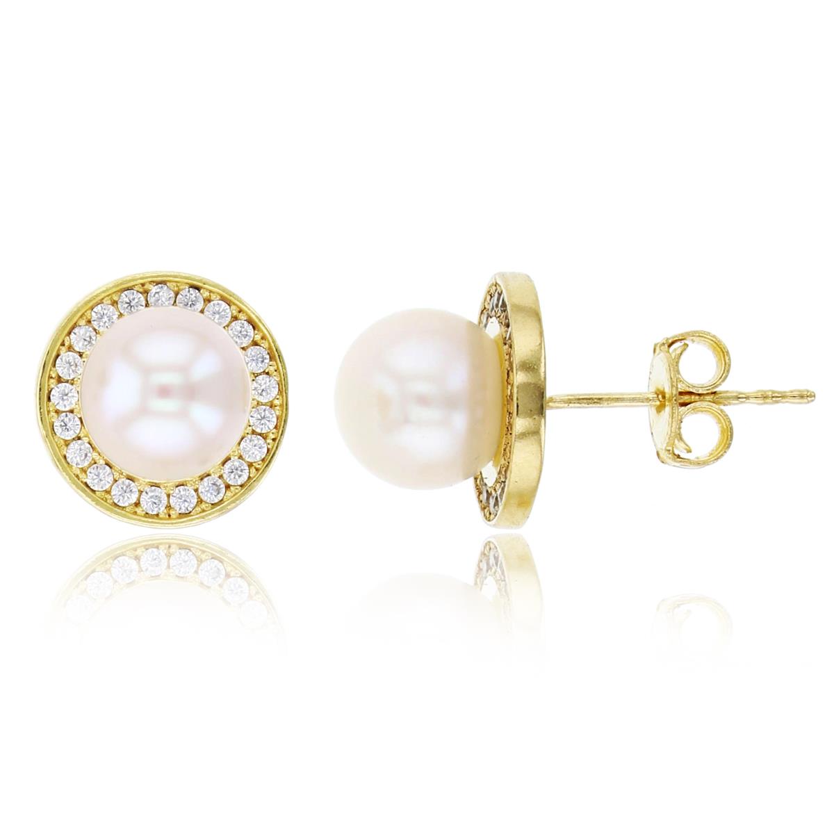 14K Yellow Gold 6.50mm Freshwater Pearl with Micropave CZ Circle Frame Stud Earring