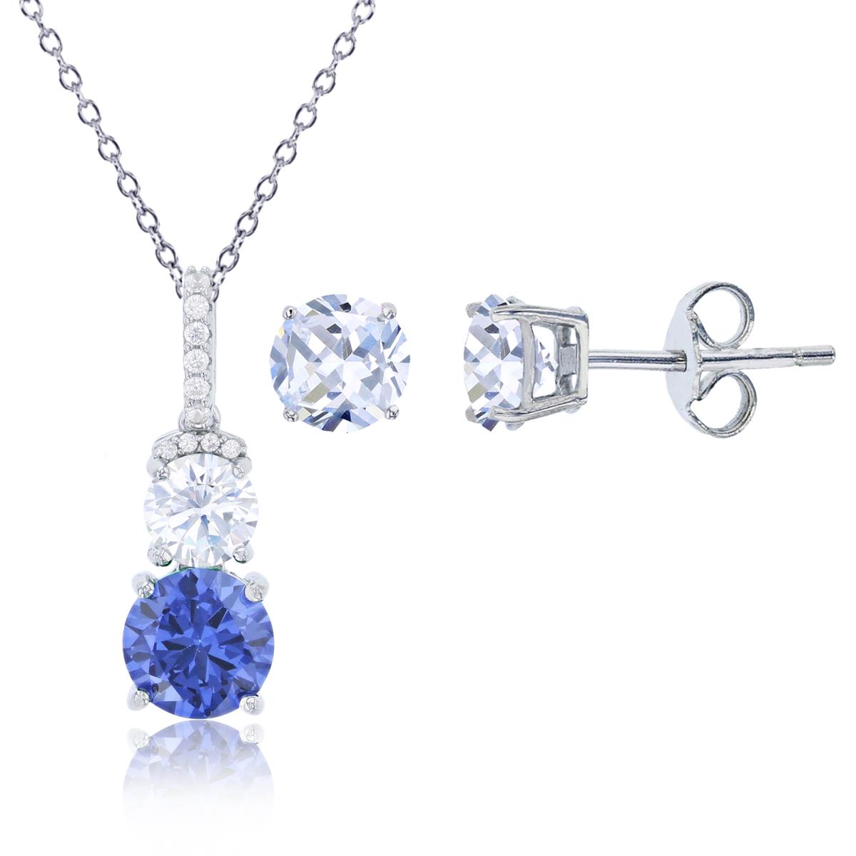 Sterling Silver Rhodium 8mm Tanzanite & 6mm White Round Cut CZ 18" Necklace & 8mm Round Solitaire Stud Earring Set