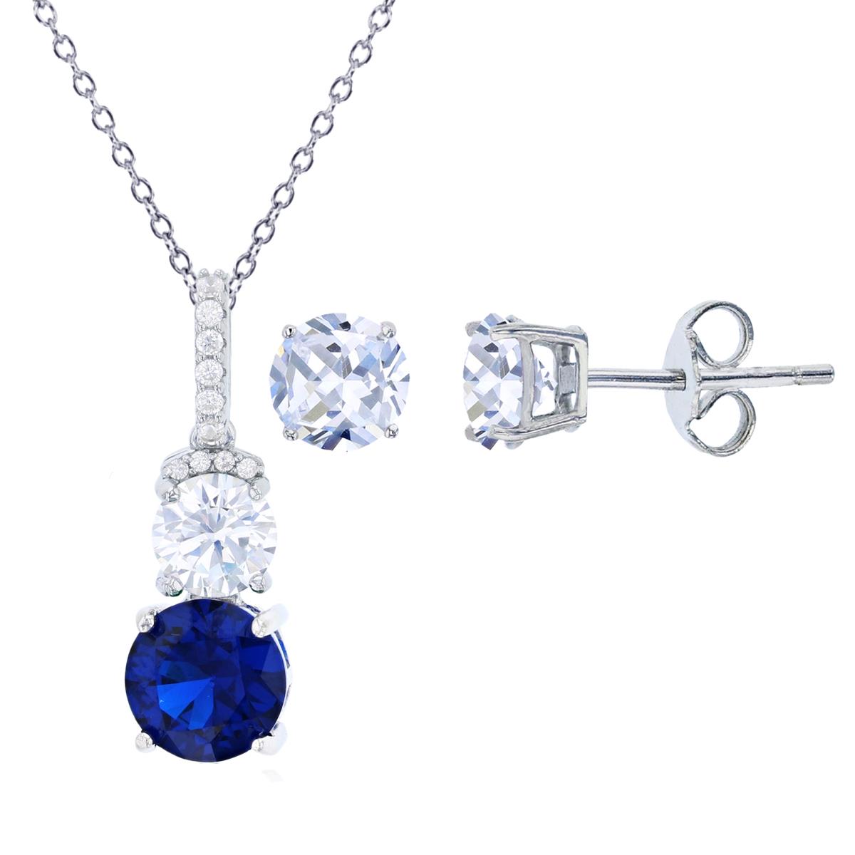 Sterling Silver Rhodium 8mm Sapphire & 6mm White Round Cut CZ 18" Necklace & 8mm Round Solitaire Stud Earring Set