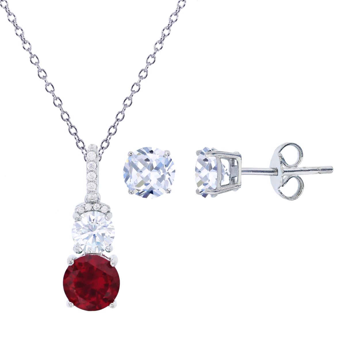 Sterling Silver Rhodium 8mm Ruby & 6mm White Round Cut CZ 18" Necklace & 8mm Round Solitaire Stud Earring Set