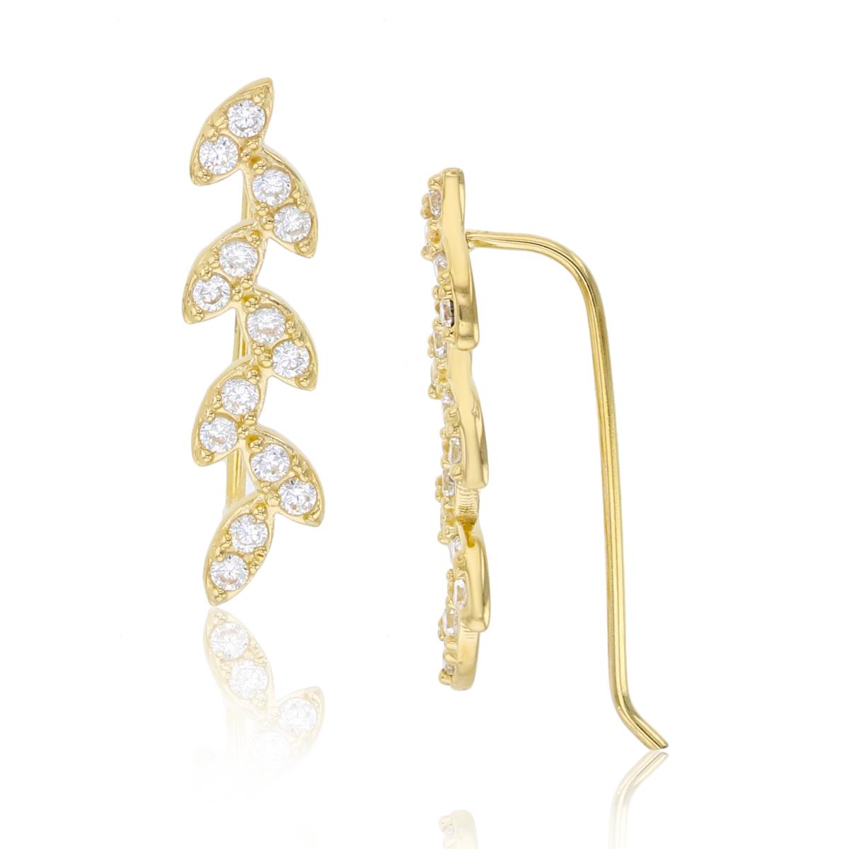 14K Yellow Gold 21x5mm Round Cut CZ Leaves Ear Crawler