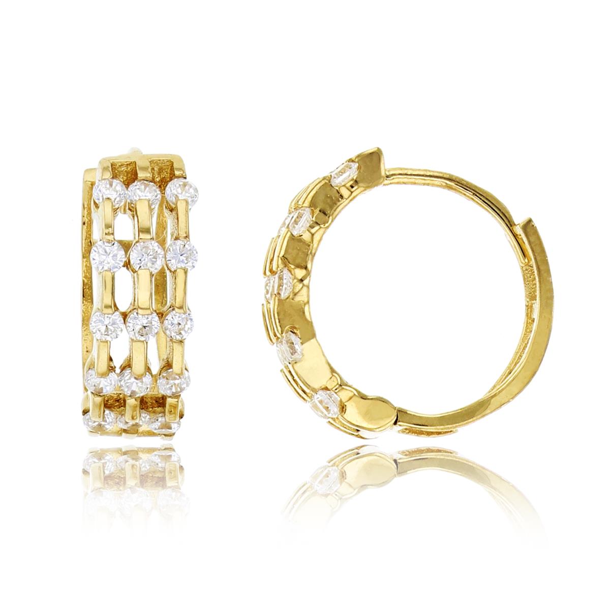 14K Yellow Gold 13x5mm 3-Row Round Cut CZ Huggie Earring