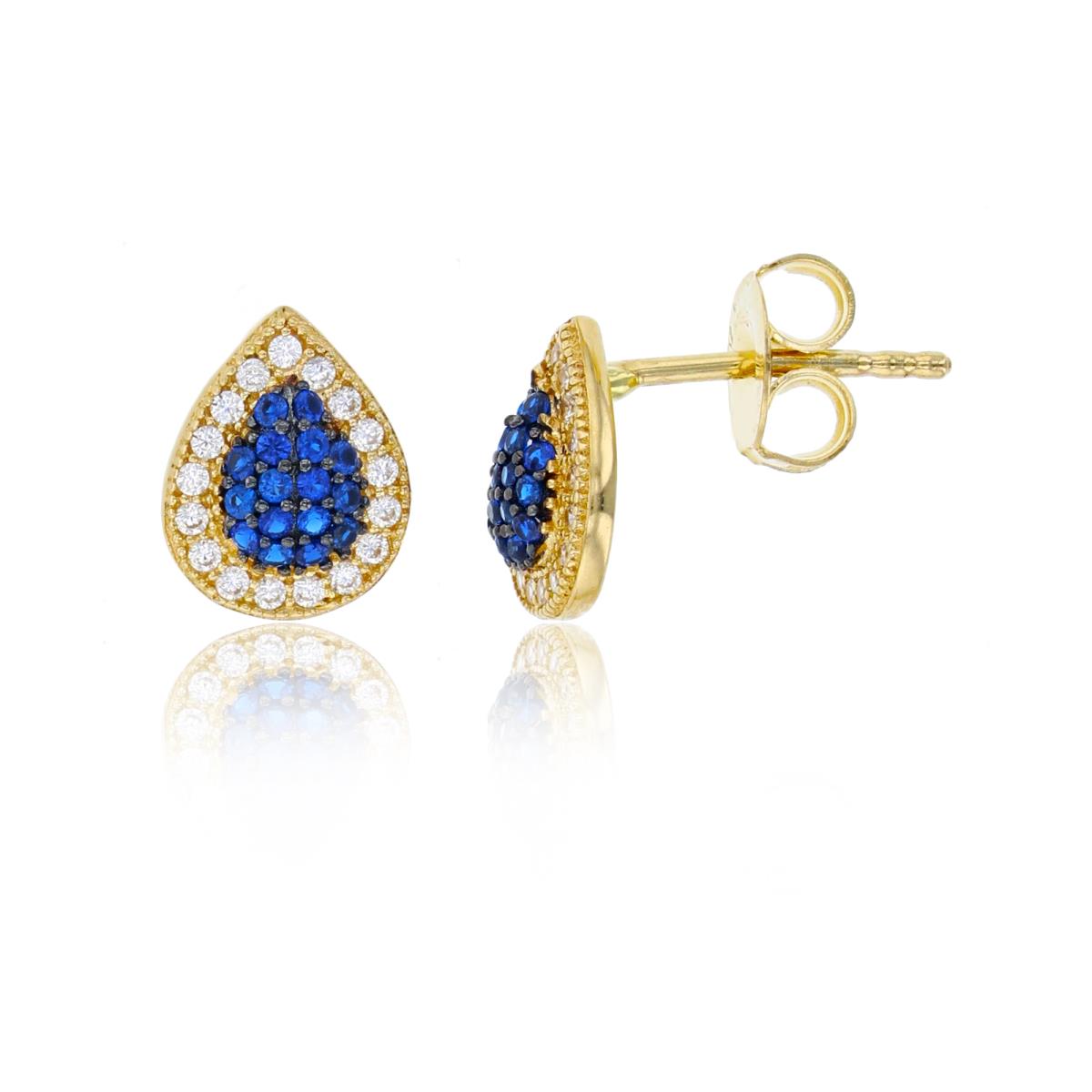 14K Yellow Gold 9x8mm Micropave Sapphire & White CZ Domed Pear-Shaped Stud Earring