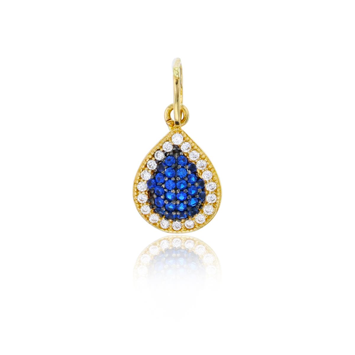 14K Yellow Gold 17x9mm Micropave Sapphire & White CZ Domed Pear-Shaped Pendant