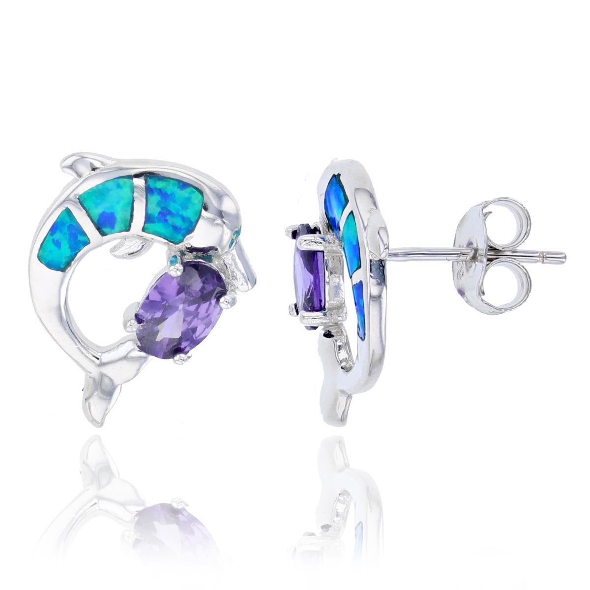 Sterling Silver Created Opal Dolphin Stud Earring