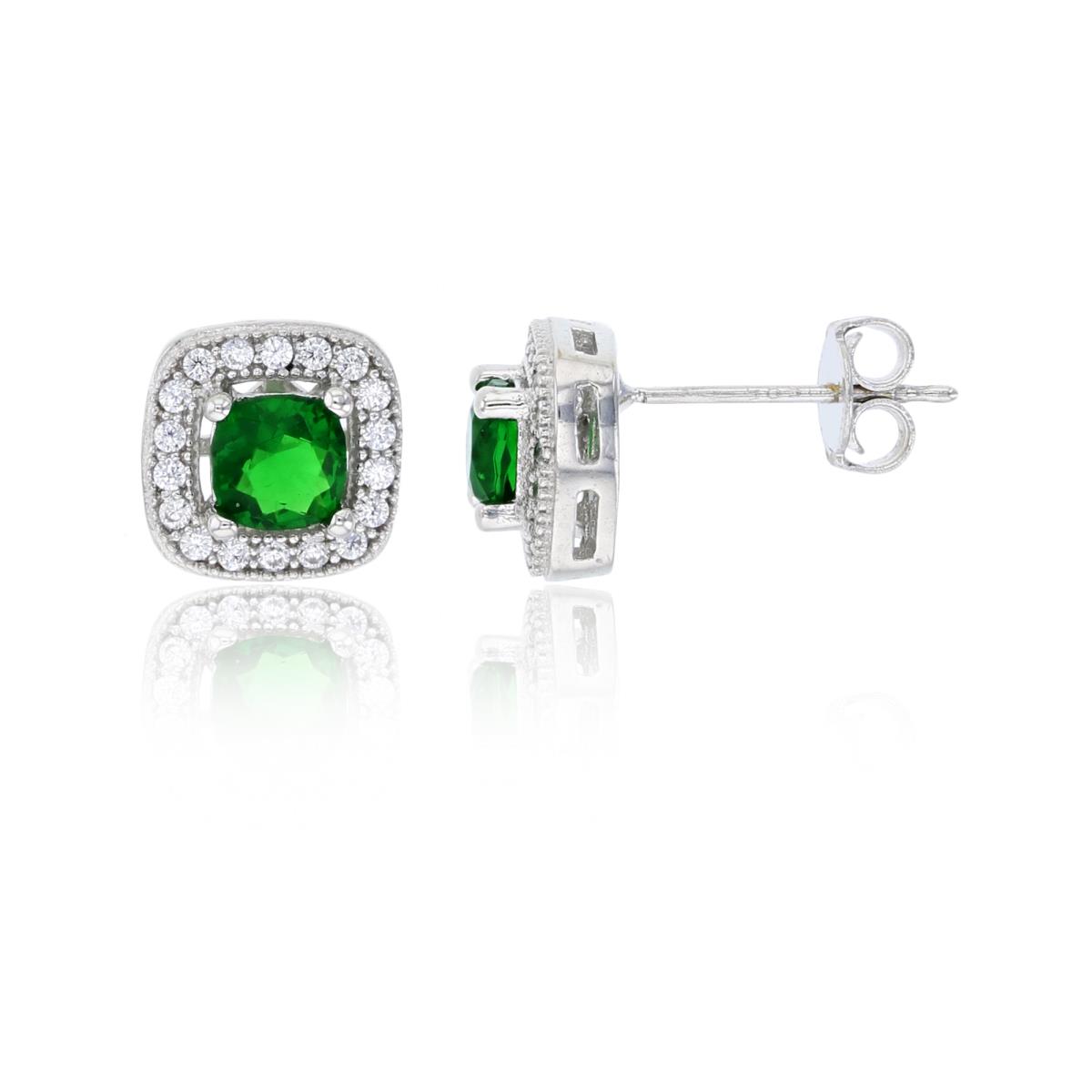 14K White Gold 4x4mm Emerald Cushion Cut & White Rd CZ Milgrain Frame Stud Earring