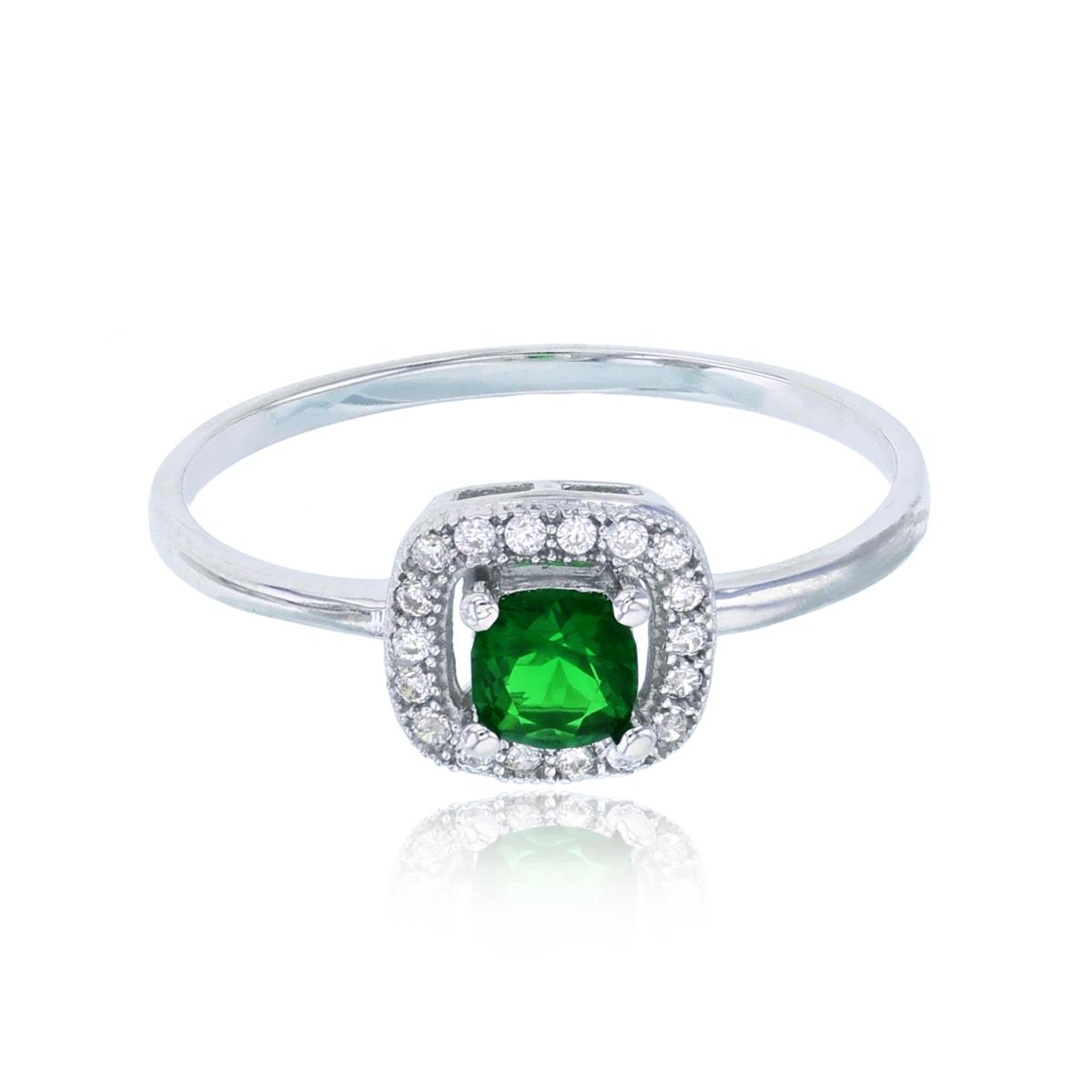 14K White Gold 4x4mm Emerald Cushion Cut & White Rd CZ Milgrain Frame Fashion Ring