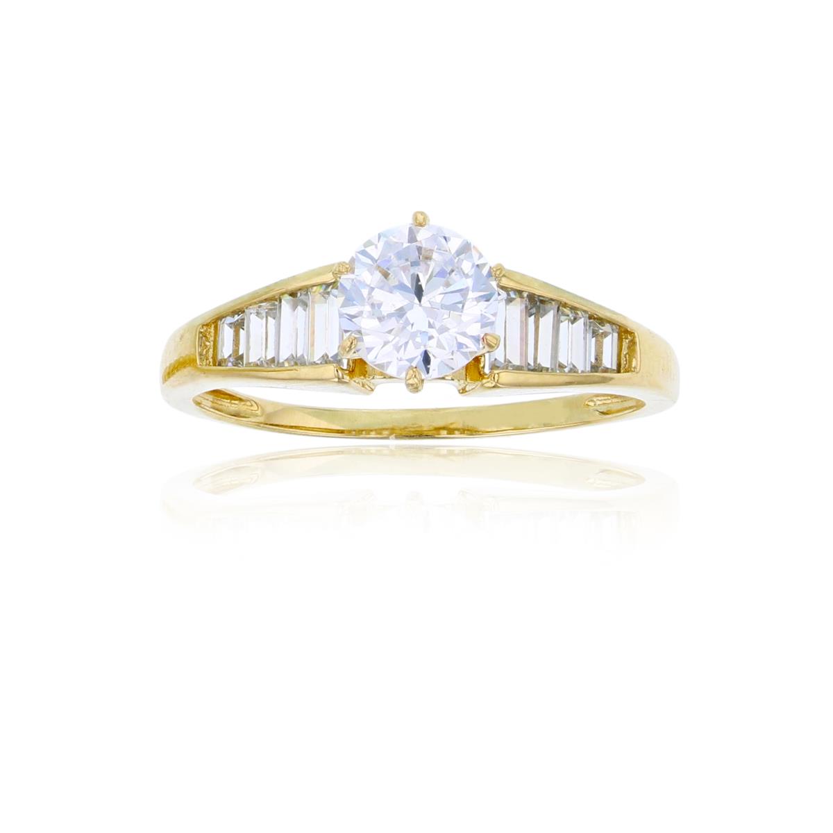 14K Yellow Gold 6mm Round Cut CZ Prong Set with Graduated Baguette Sides Engagement Ring