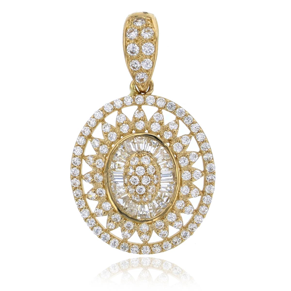 14K Yellow Gold 28x17mm Micropave Rd Cut & Baguette CZ Oval-Shaped Sunflower Pendant