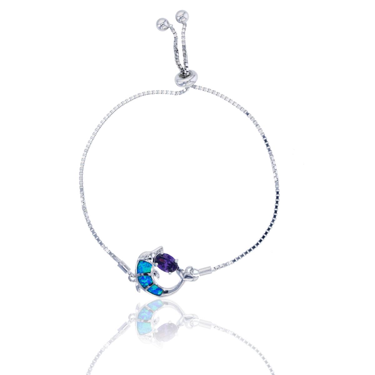 Sterling Silver Rhodium Created Opal Dolphin Adjustable Bracelet