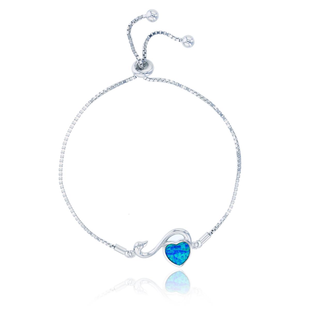 Sterling Silver Rhodium Created Opal Swan Adjustable Bracelet