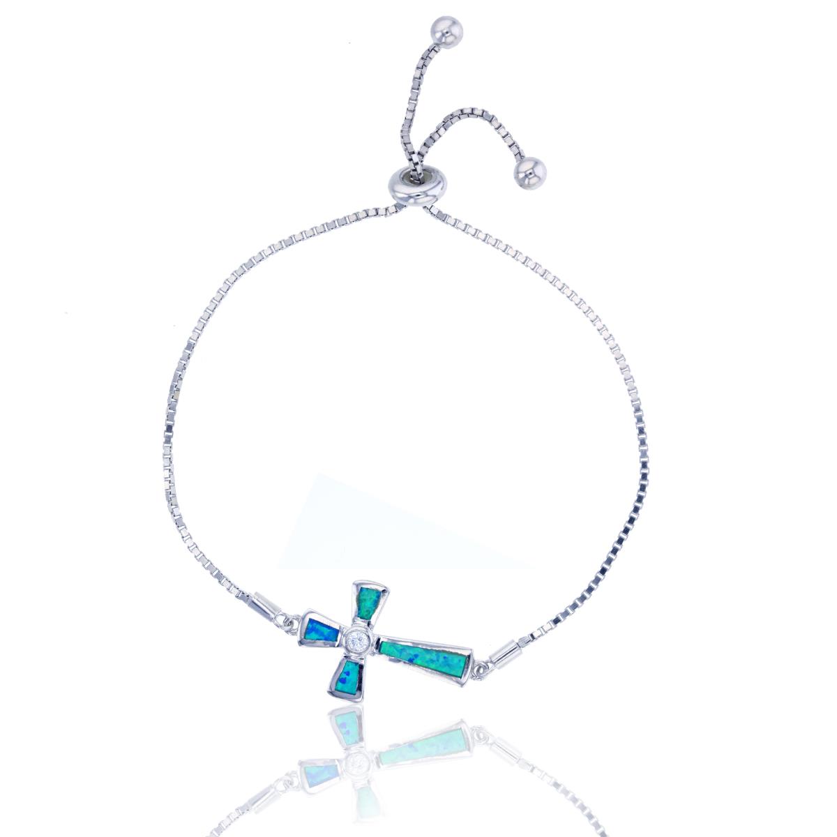 Sterling Silver Rhodium Created Opal Cross Adjustable Bracelet