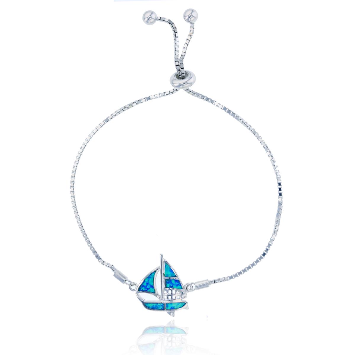 Sterling Silver Rhodium Created Opal Ship Adjustable Bracelet