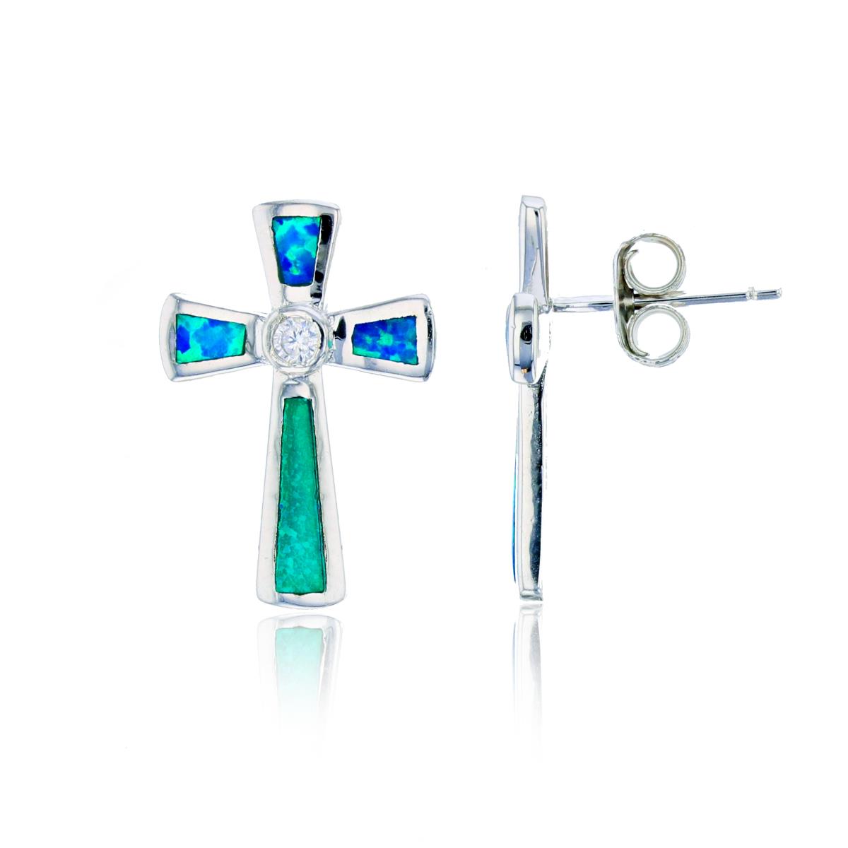 Sterling Silver Created Opal Cross Stud Earring