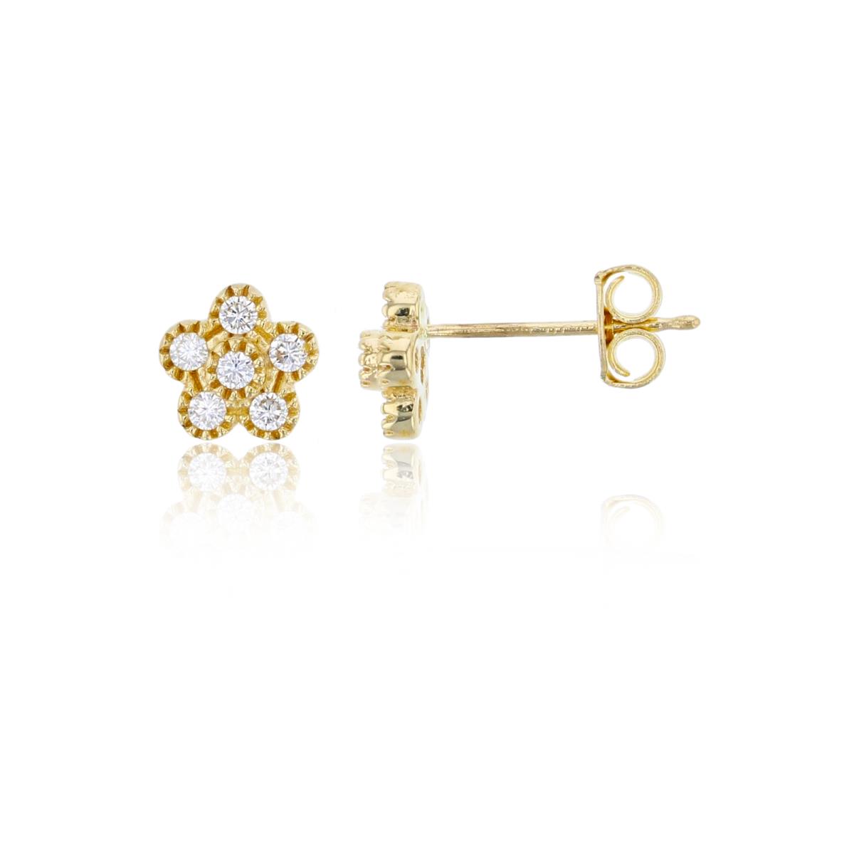 10K Yellow Gold 6x6mm Milgrain Rd Cut CZ Flower Stud Earring