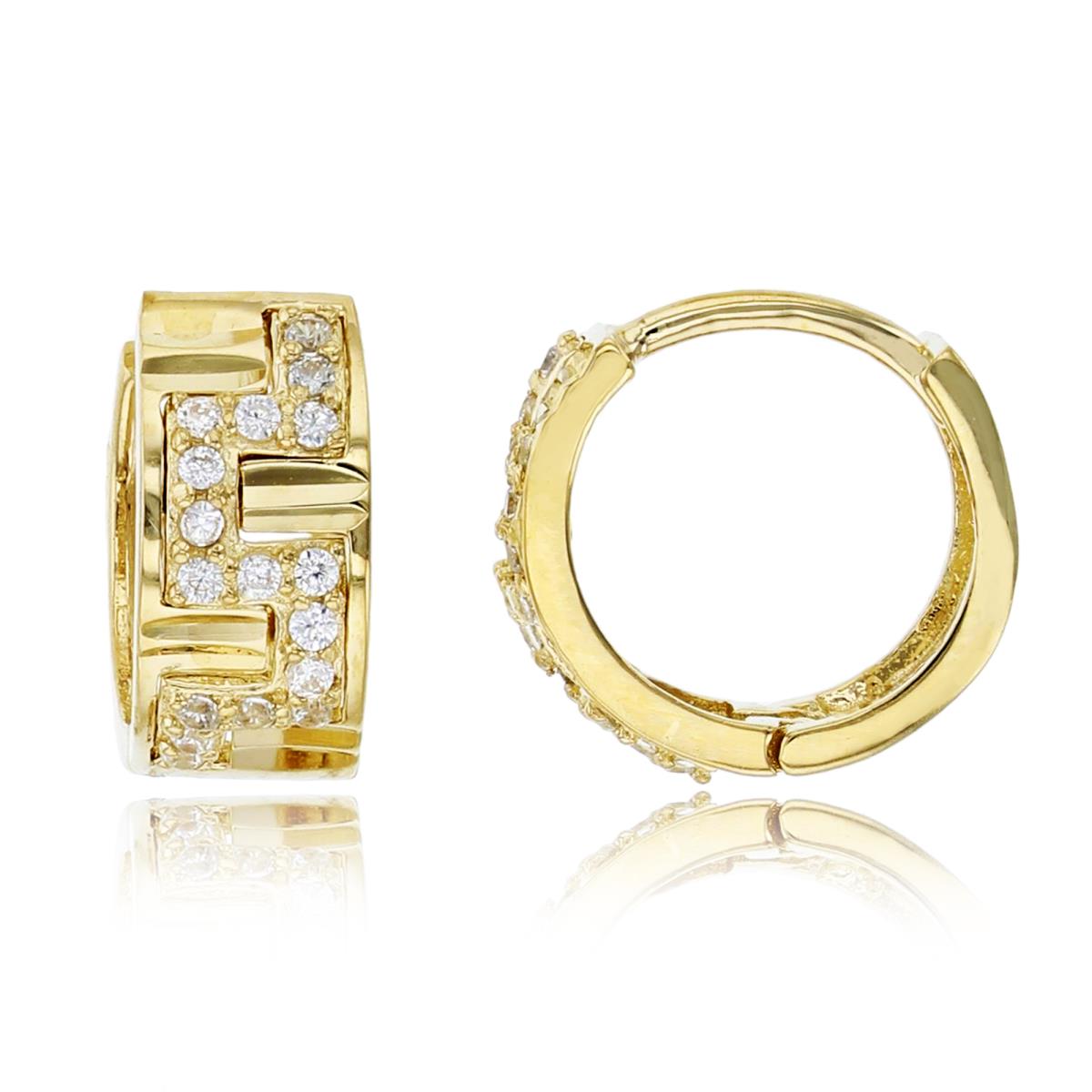 10K Yellow Gold 11x5mm Micropave CZ & Diamond Cut Greek Key Huggie Earring
